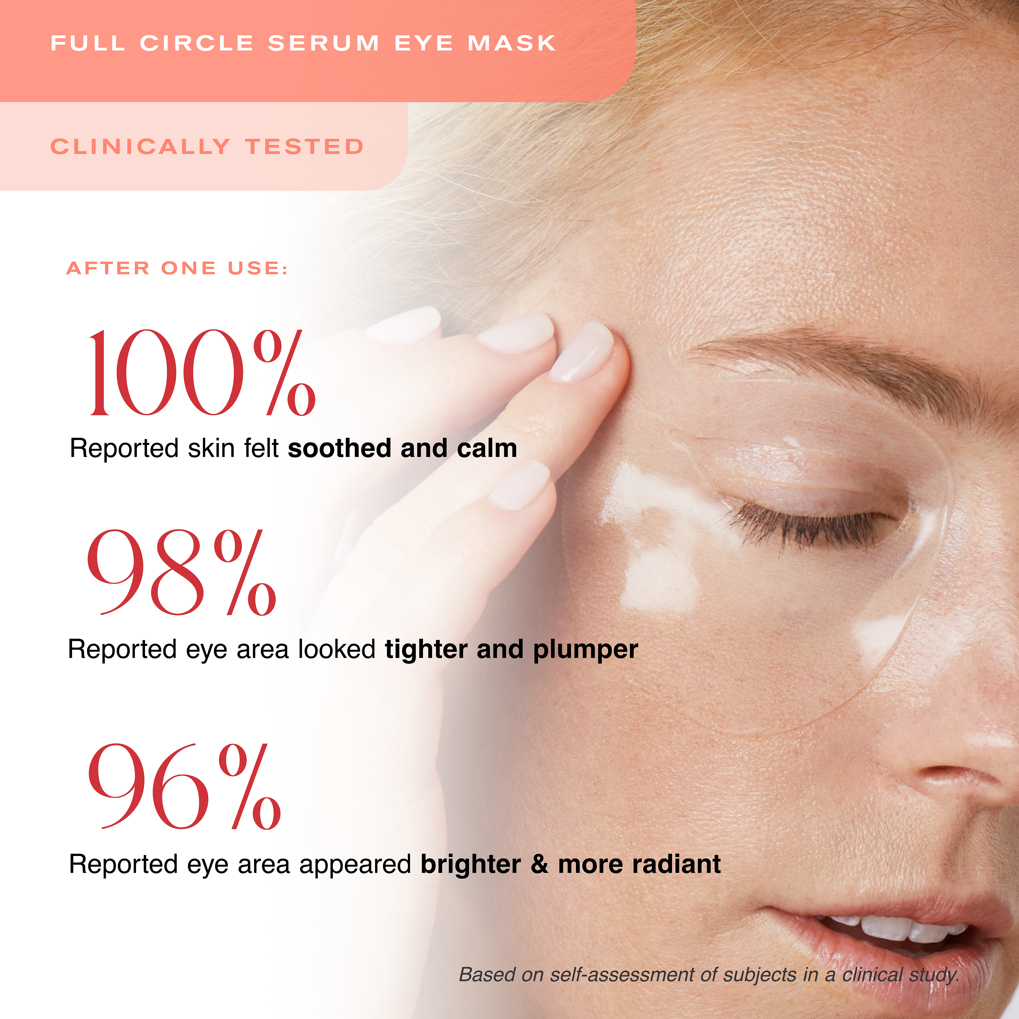 Full Circle Serum Eye Mask
Clinically Tested
After one Use:
100% reported skin felt soothed and calm
98% reported eye area looked tighter and plumper
96% reported eye area appeared brighter & more radiant