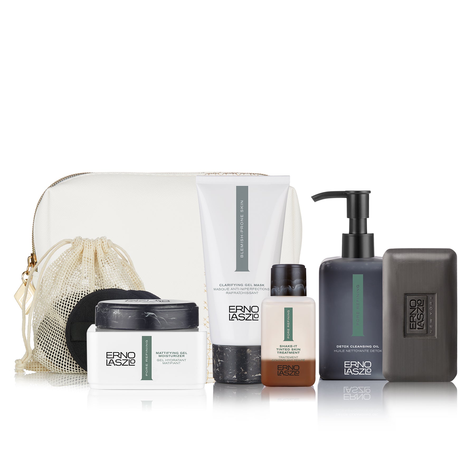 Erno Laszlo Balance Ritual Holiday Set includes Detox Cleansing Duo, Shake-It Tinted Skin Treatment (Deep) + applicator pads, Clarifying Gel Mask, Mattifying Gel Moisturizer, + White and Gold Travel Bag