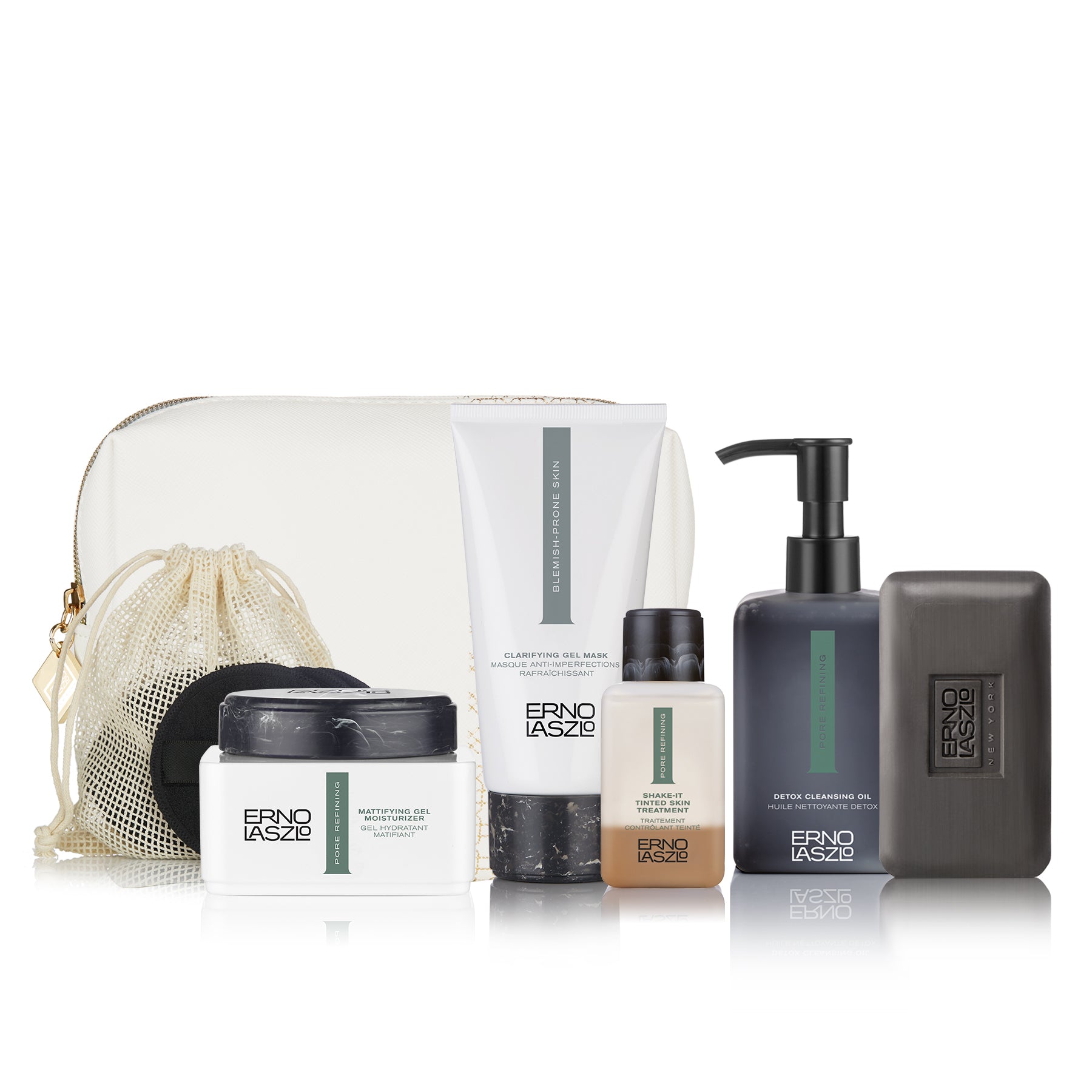Erno Laszlo Balance Ritual Holiday Set includes Detox Cleansing Duo, Shake-It Tinted Skin Treatment (Medium) + applicator pads, Clarifying Gel Mask, Mattifying Gel Moisturizer, + White and Gold Travel Bag