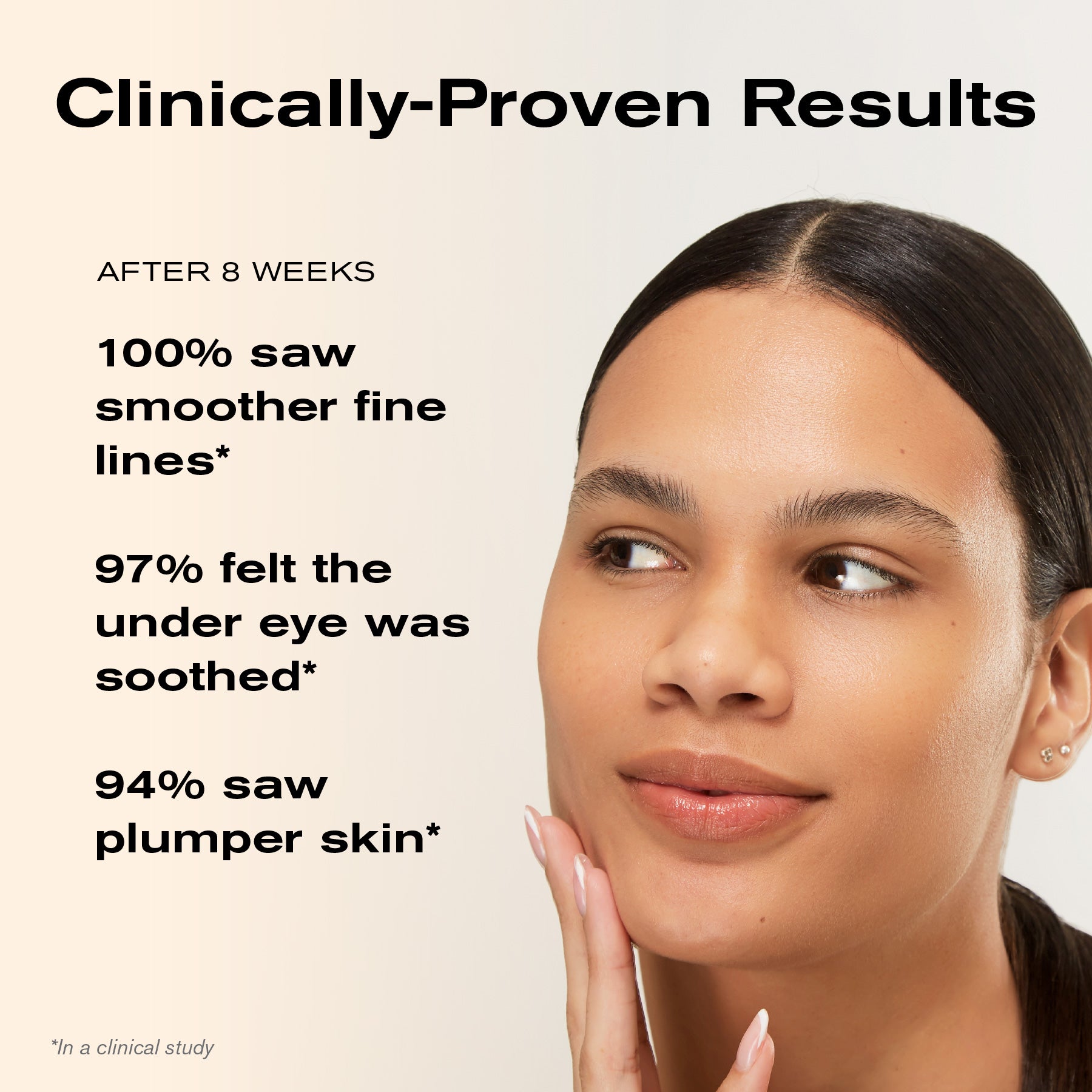 Clinically-Proven Results
After 8 Weeks
100% saw smoother fine lines*
97% felt the under eye was soothed*
94% saw plumper skin*
*In a clinical study.
