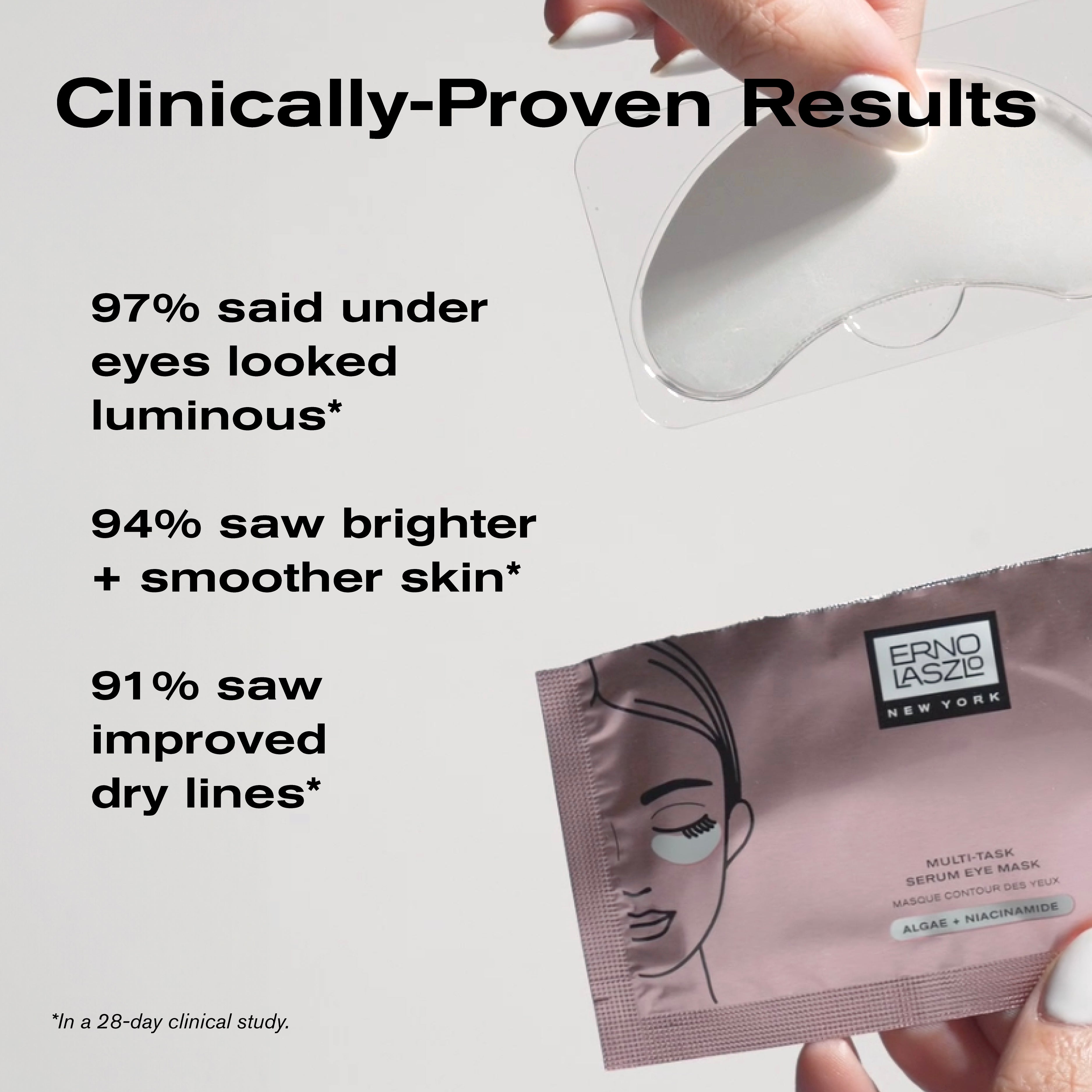 Clinically-Proven Results
97% said under eyes looked luminous*
94% saw brighter + smoother skin*
91% saw improved dry lines*
*In a 28-day clinical study.