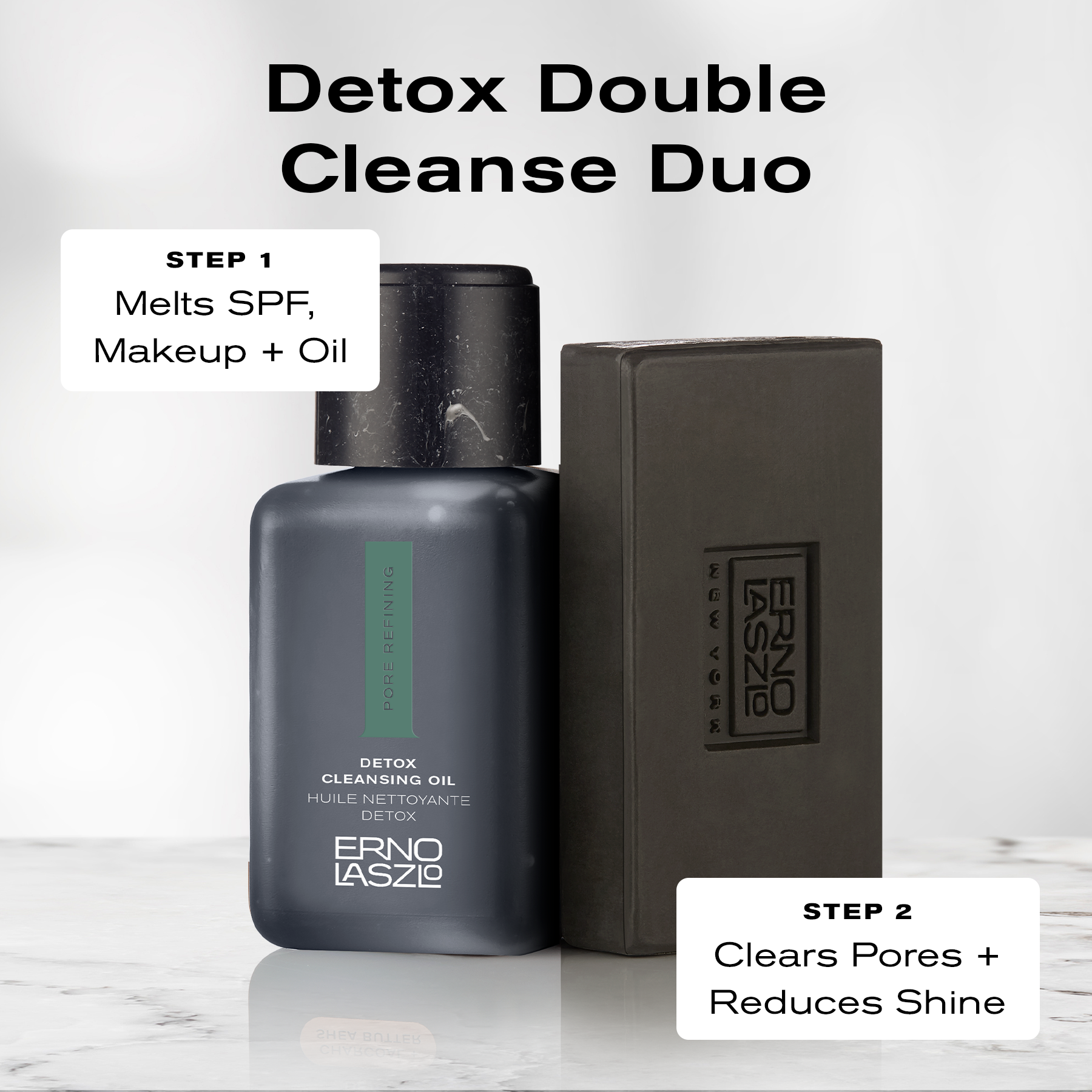 Detox Double Cleanse Duo
Step 1 Melts SPF, Makeup + Oil
Step 2 clears pores + reduces shine