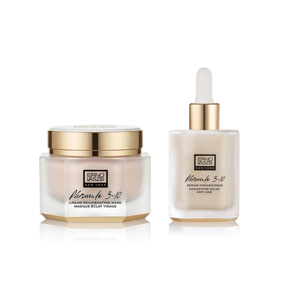 A skincare set from Euphoric Beauty featuring a cream jar of Miracle 3-10 Marquee Eclat Hydrage and a dropper bottle of Miracle 3-10 Serum Concentrate, both with gold caps and white labels, on a white background.