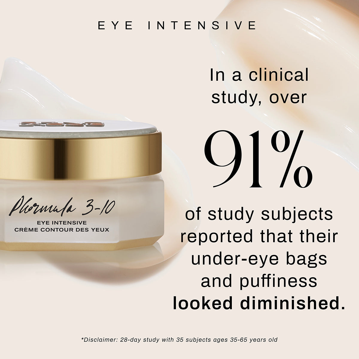 Eye Intensive
In a clinical study, over 91% of study subjects reported that their under-eye bags and puffiness looked diminished.
*Disclaimer: 28-day study with 35 subjects ages 35-65 years old
