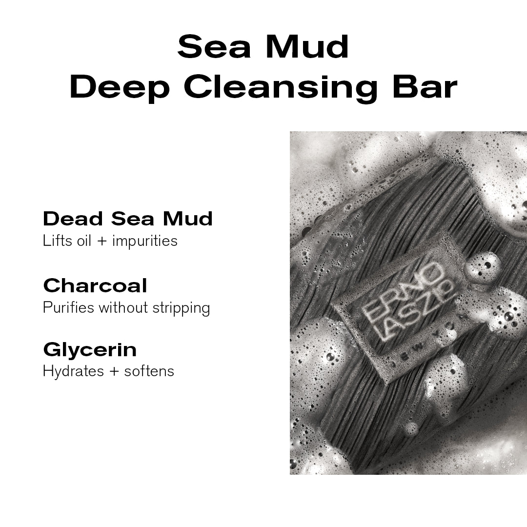 A product information graphic for the ERNO LASZO Sea Mud Deep Cleansing Bar. The left side lists key ingredients and benefits: Dead Sea Mud, Charcoal, and Glycerin.