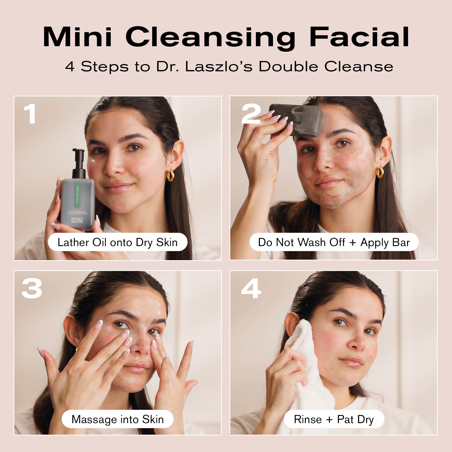 A four-panel instructional graphic showing a woman demonstrating four steps to Dr. Laszlo's Double Cleanse: applying lather oil, applying a gray cleansing bar, massaging into the skin, and rinsing with a white towel.