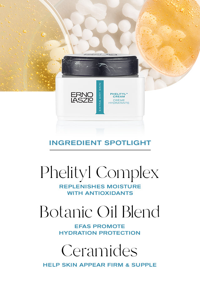 Image of Ingredient Spotlight. Phelityl Complex replenish moisture and antioxidants. Botanical Oil Blend EFAs promote hydration protection. Cermaides help skin appear firm & supple.