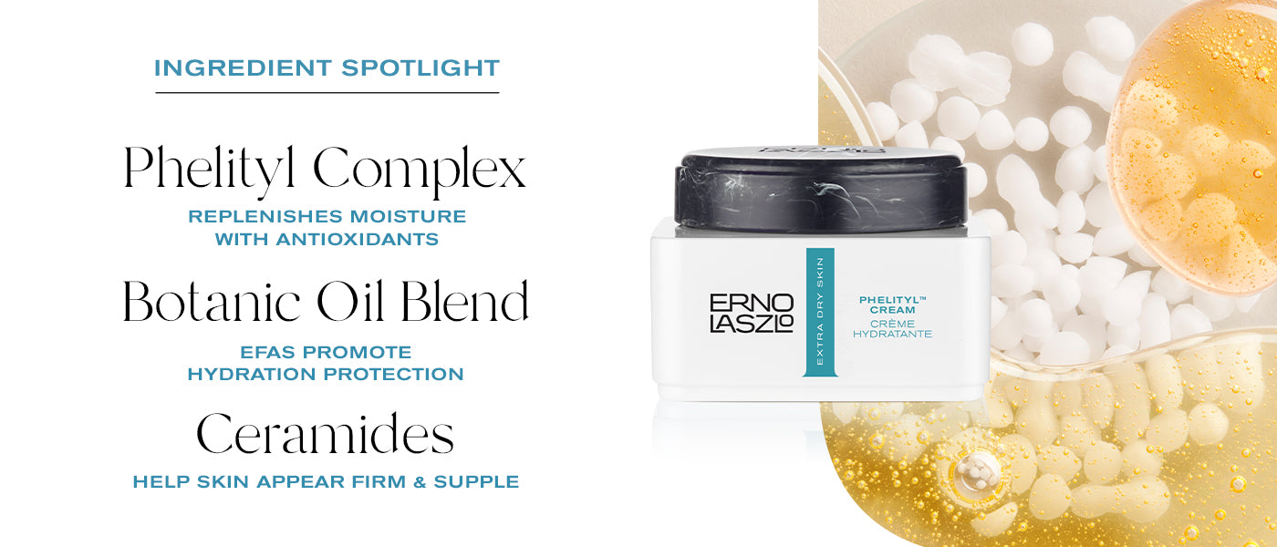 Image of Ingredient Spotlight. Phelityl Complex replenish moisture and antioxidants. Botanical Oil Blend EFAs promote hydration protection. Cermaides help skin appear firm & supple.