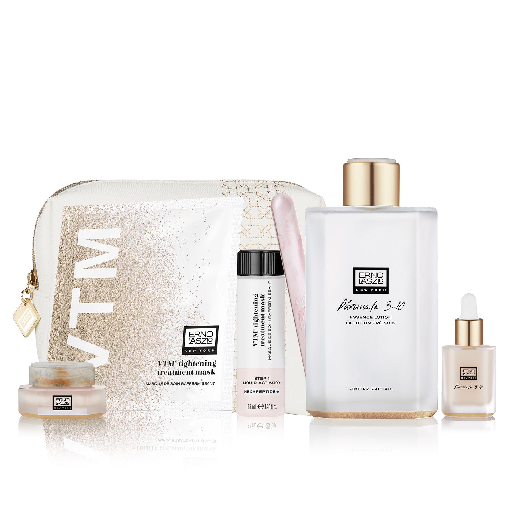 Erno Laszlo Anti-Aging Renewal Ritual holiday set includes Phormula 3-10 essence lotion, Phormula 3-10 Serum Concentrate, Phormula 3-10 Eye Intensive, Tightening Treatment Mask + Signature White + Gold Travel Bag