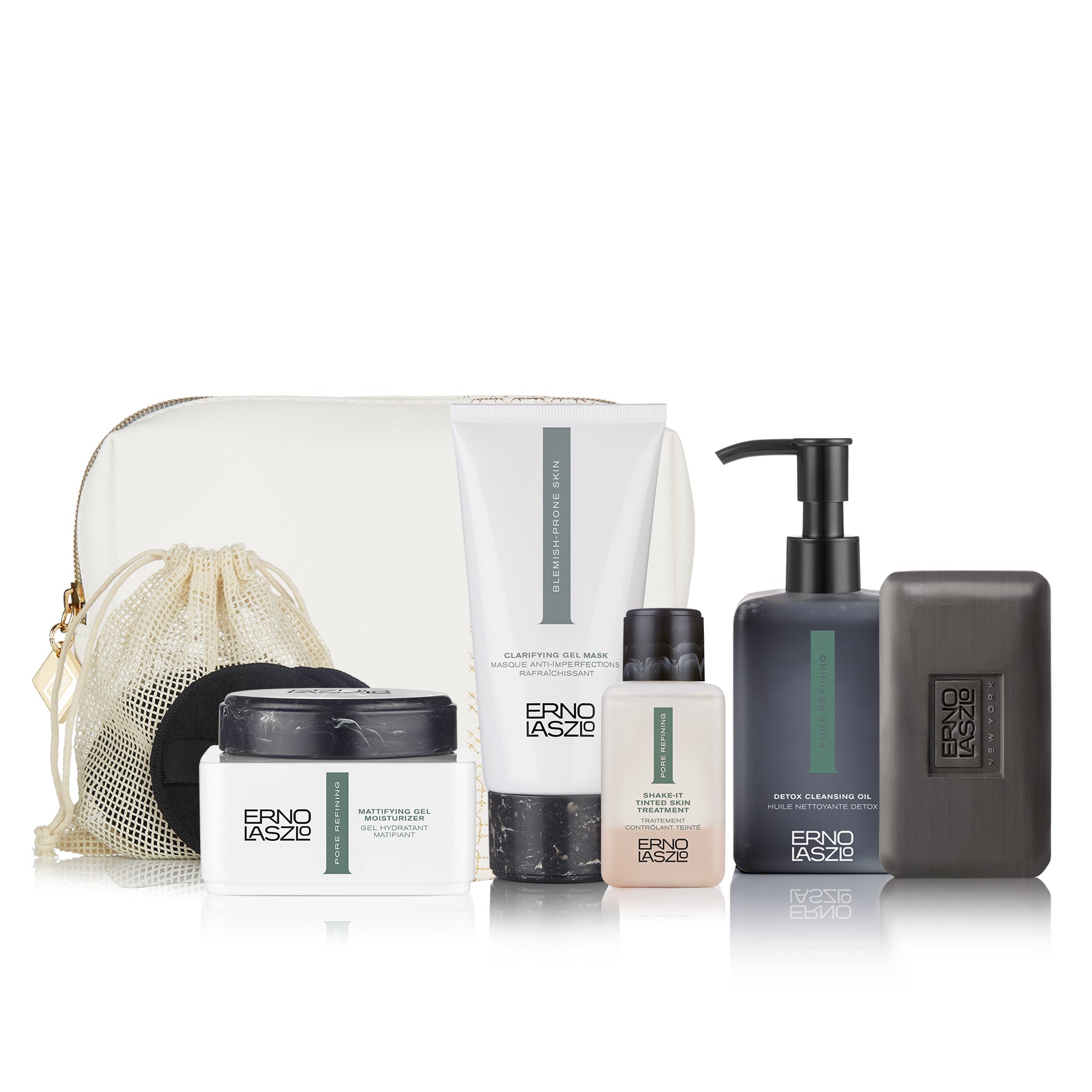 Erno Laszlo Balance Ritual Holiday Set includes Detox Cleansing Duo, Shake-It Tinted Skin Treatment (Light) + applicator pads, Clarifying Gel Mask, Mattifying Gel Moisturizer, + White and Gold Travel Bag