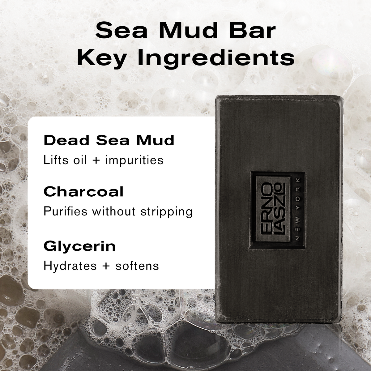 Sea Mud Bar Key Ingredients
Dead Sea Mud lifts oil + impurities
Charcoal purifies without stripping
Glycerin hydrates + softens