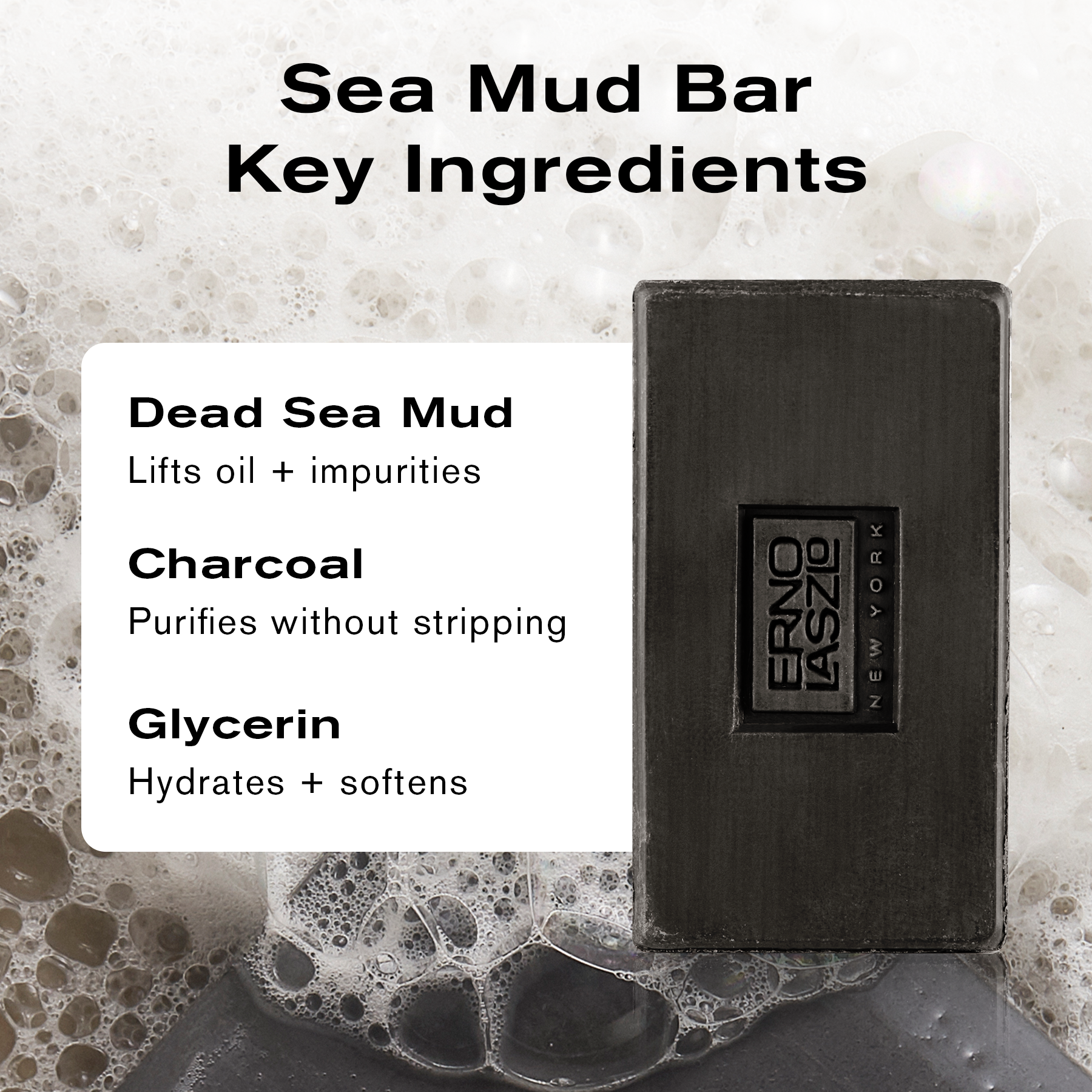 Sea Mud Bar Key Ingredients
Dead Sea Mud lifts oil + impurities
Charcoal purifies without stripping
Glycerin hydrates + softens
