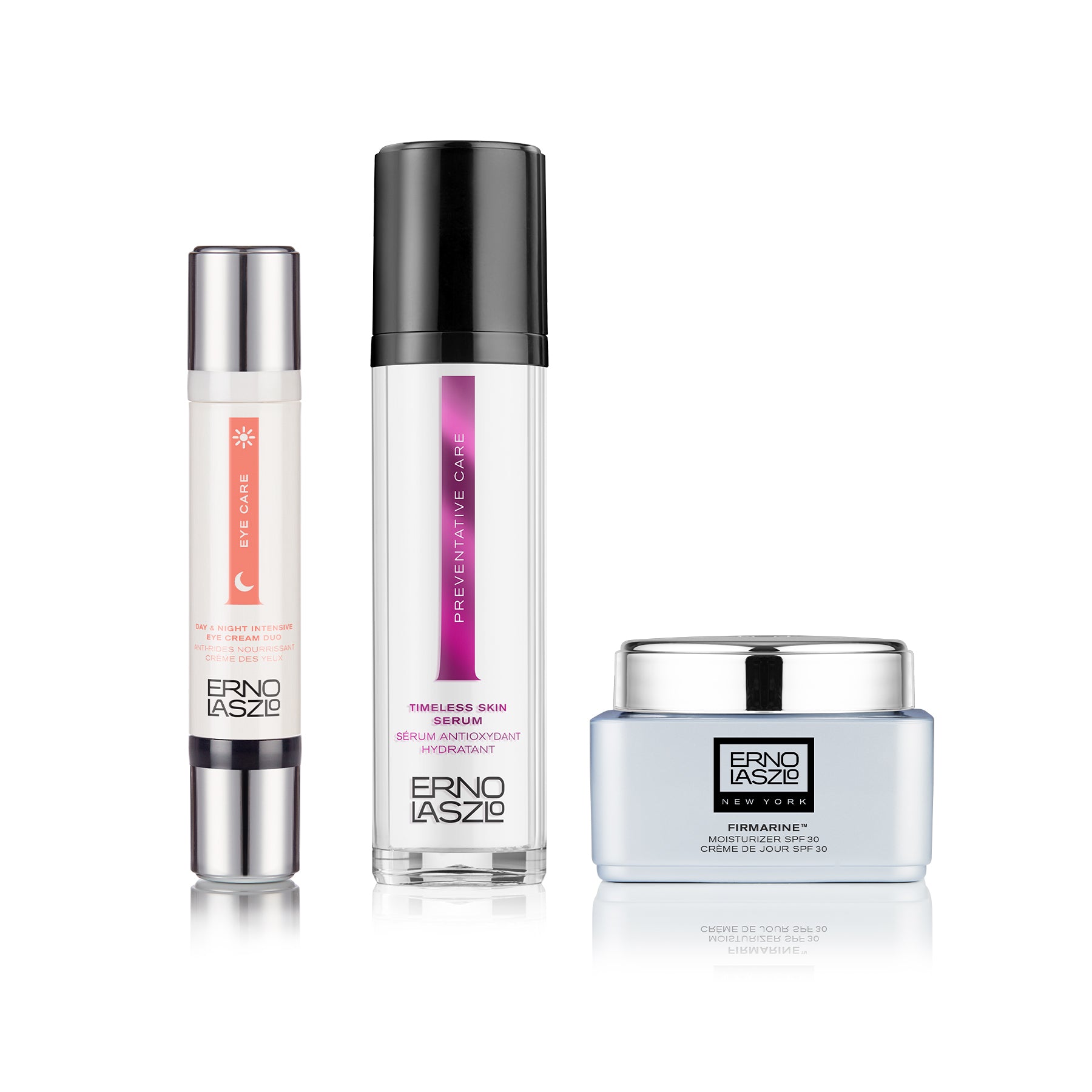 Erno Laszlo Timeless Ritual Holiday skincare Set includes Timeless Skin Serum, Dat & Night Intensive Eye Cream Duo, and Firmarine Moisturizer SPF30