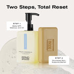 Two Steps, Total Reset
Step 1 melts SPF, makeup, and oil
Step 2 nourishes skin, supports barrier