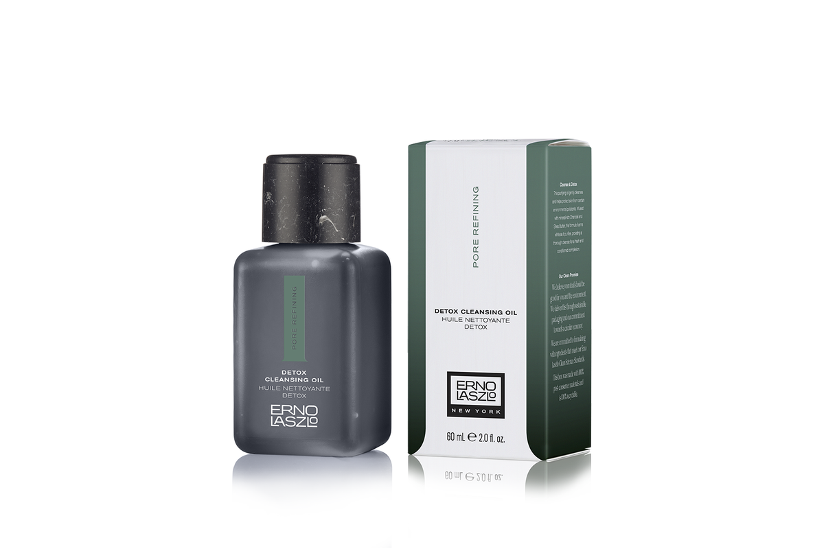 Detox cleansing oil sample, dark bottle with ERNO LASZLO logo and matching box